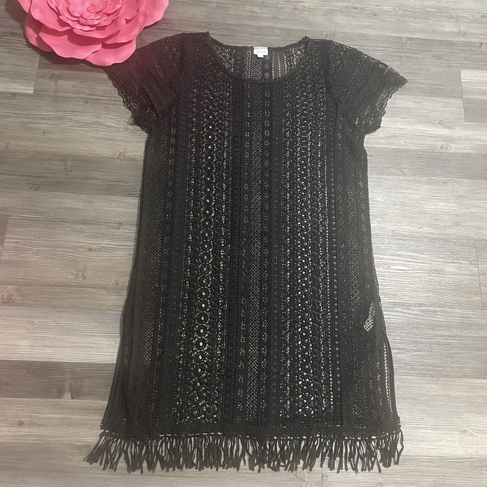 LULAROE Sz XL Black Sheer‎ Crochet Lace Fringe Cover Up Dress Whimsigoth Resort